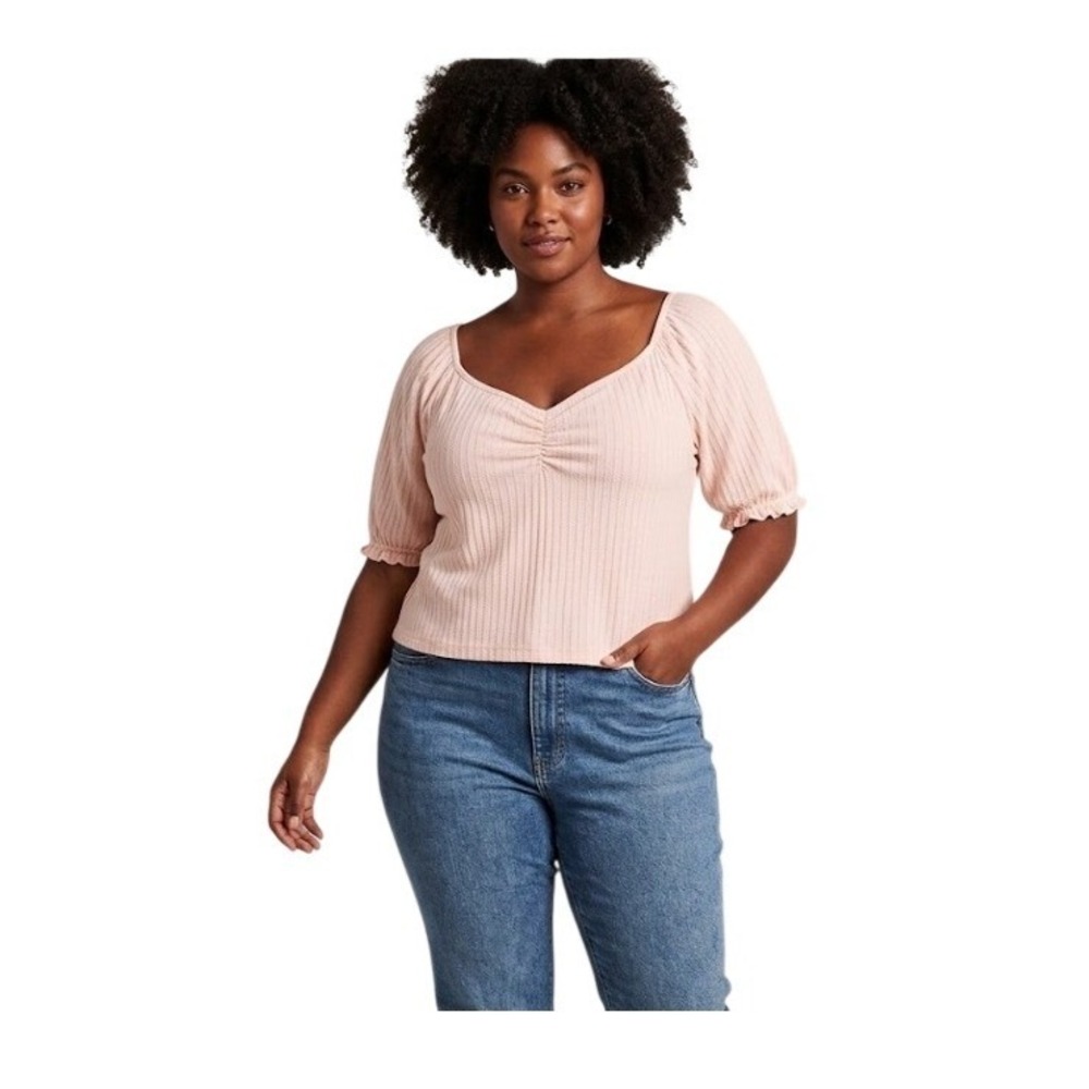 Abound Sweetheart Neck Top Pink Ribbed Knit Cotton Puff Short Sleeve 3X